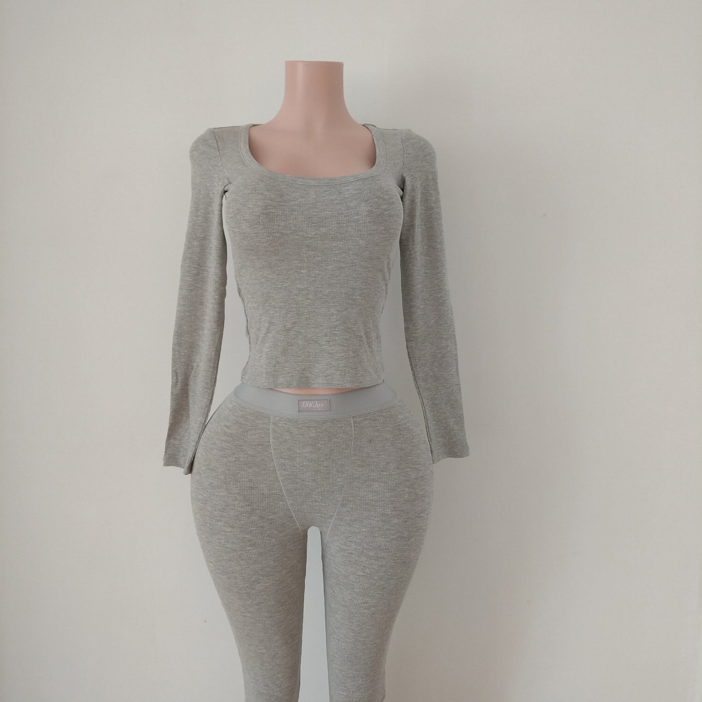 Cotton Ribbed Long Sleeve Set - Light Heather Grey